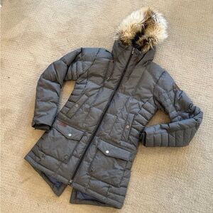 Gray Quilted Women's Jacket with Faux Fur Hood